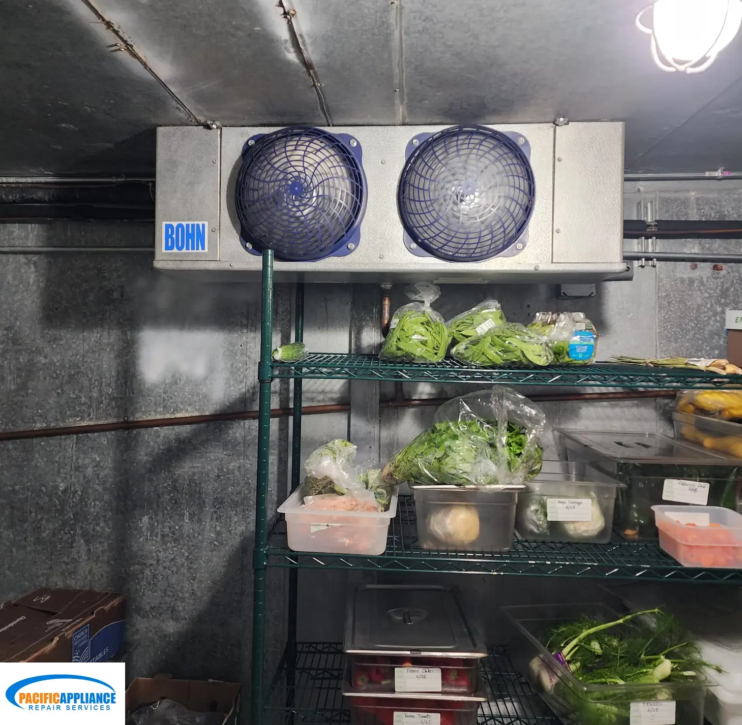 Interior of a walk-in cooler for restaurant appliance repair in Los Angeles.